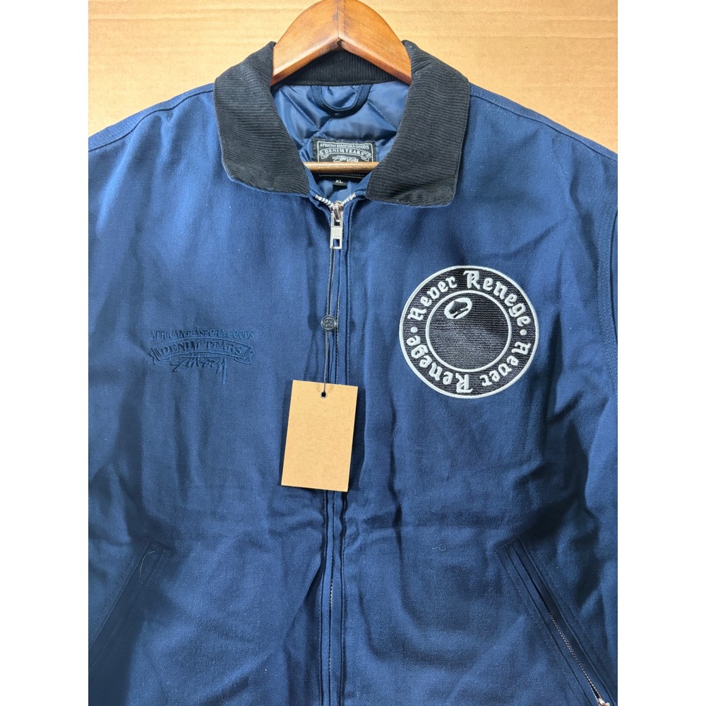 Stussy Denim Tears Tyson Work Jacket Mens XL Navy Blue Quilted Canvas Embroidery